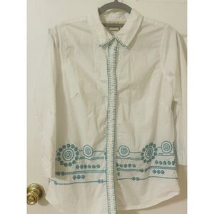 Caribbean Joe White w/Green Embroidered Floral Design Button Front Shirt Size L